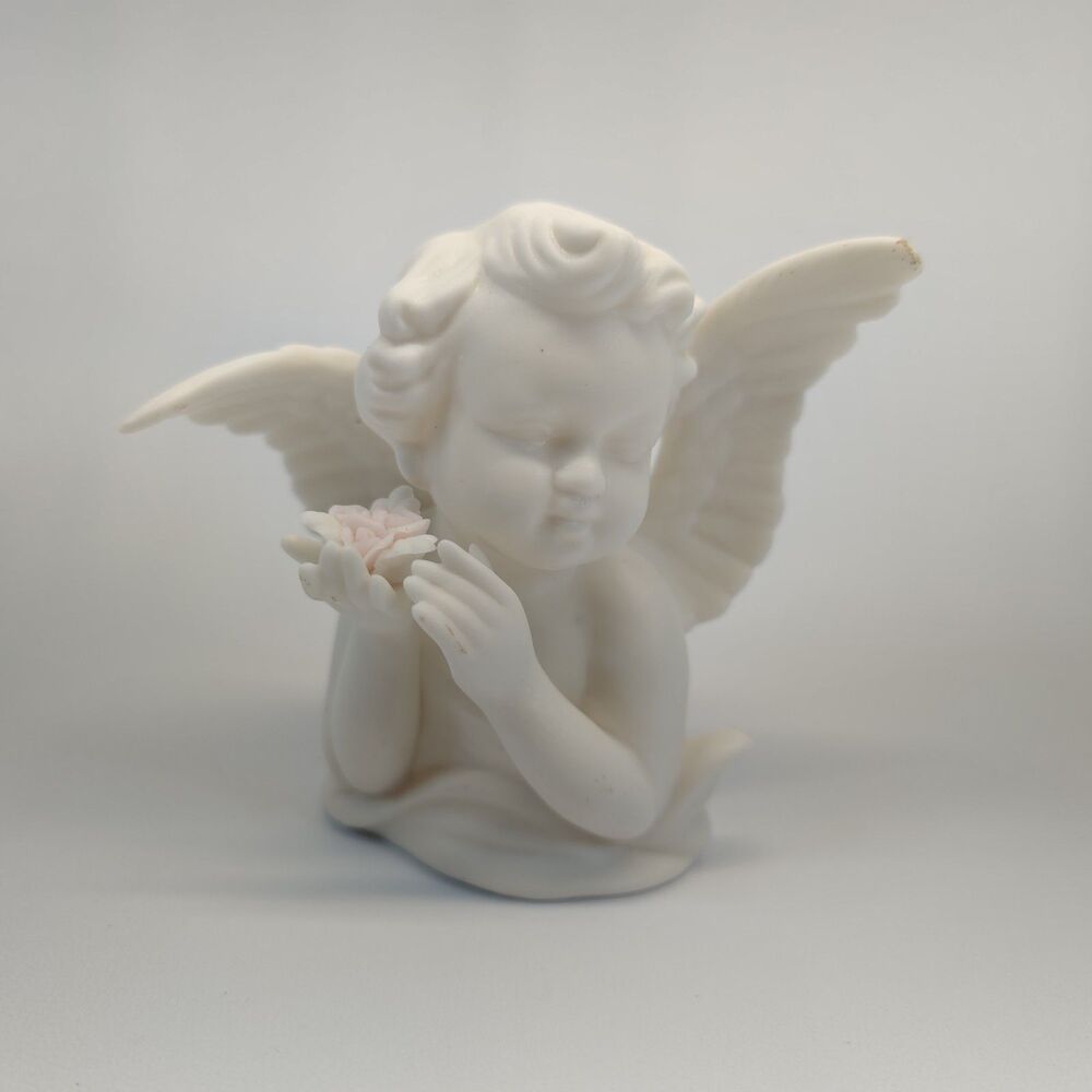Vintage Lenwile Ardalt Japan Bisque Cherub Angel Figurine Pink Rose White 4.5"